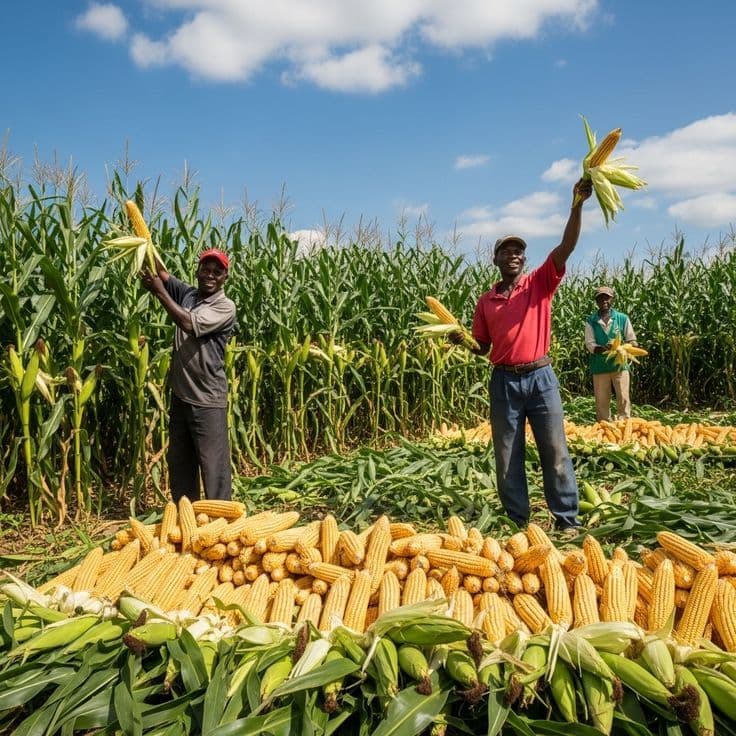 Farmers celebrating a large maize harvest